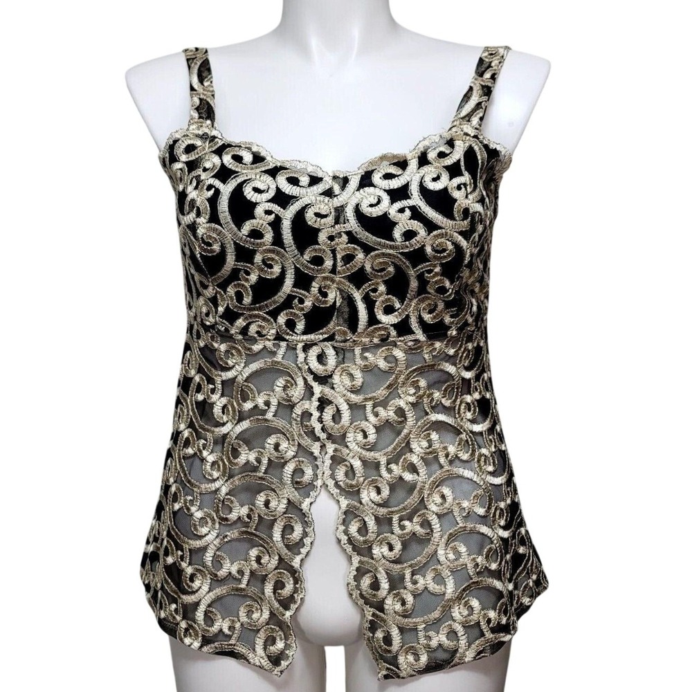 Vintage 90s SAM Gold Embroidered Mesh Evening Top Bustier Style XL USA